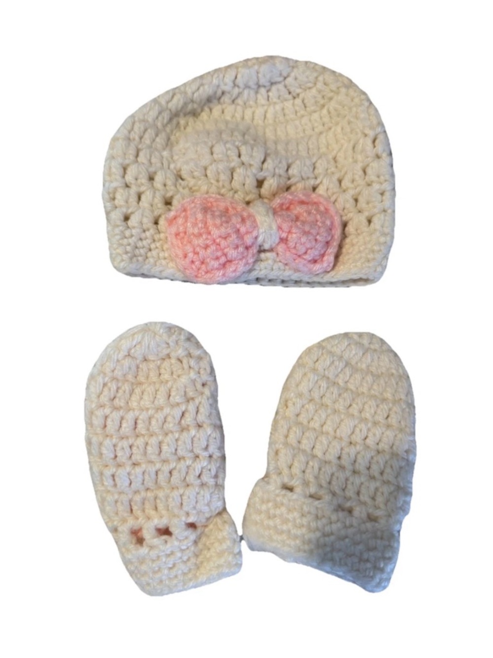 Crochet Baby Hat and Mittens Set with Pink Bow